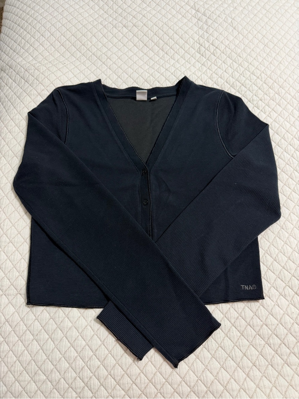 TNA Aritzia Black Waffle Knit Cropped Button-Front Cardigan - Size L
